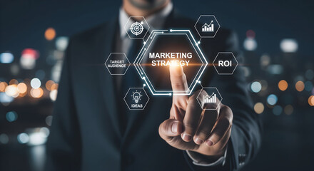 Man's finger touches glowing marketing strategy interface with icons for ROI and target audience