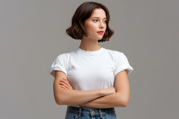 Obraz premium Young woman with short brown hair wearing a white t-shirt and jeans, standing with arms crossed and looking to the side against a plain gray background