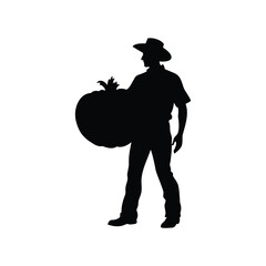 Silhouette of a farmer carrying a large pumpkin, standing proudly in harvest, farmer with a large pumpkin silhouette vector illustration
