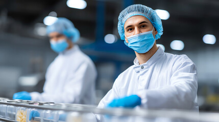 Two workers in protective clothing, gloves, masks, and hairnets operate in a clean, industrial food processing or pharmaceutical manufacturing facility