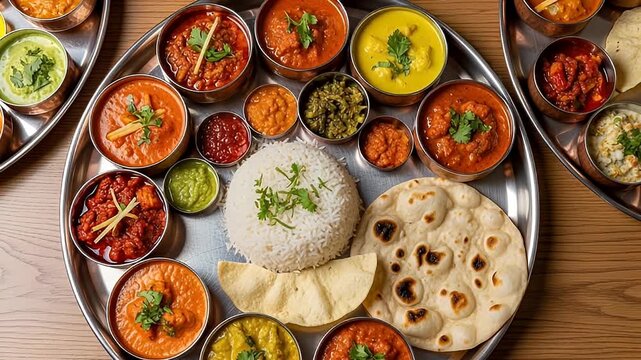 Overhead Shot of Traditional Indian Thali Meal with Curries Rice and Flatbread on Silver Platter and Wooden Surface