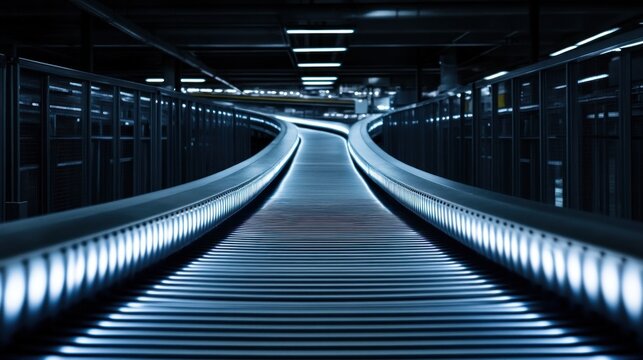Industrial Conveyor System Illuminated With Bright Lights in a Dim Environment