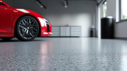 Close-up of a polished epoxy garage floor with a red sports car tire and blurred cabinets in a bright, modern workshop space