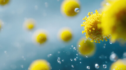 Yellow spherical virus particles with spike proteins floating in a blue fluid environment, representing a microscopic view of viral infection or disease transmission