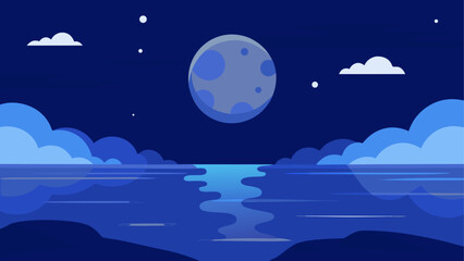 Night scene with moon clouds and water