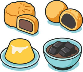 A collection of four popular Asian desserts: mooncake, sesame ball, mango pudding, and grass jelly, depicted in a cute cartoon vector style.