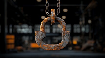 Rusted metal hook hanging from chains