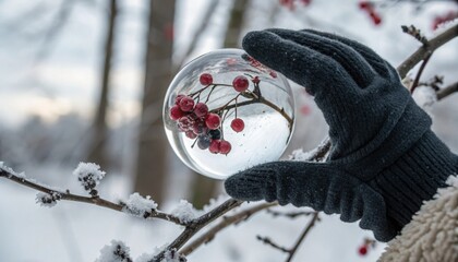 Hand holding a crystal ball reflecting rowan berries in the winter season