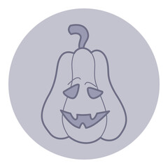 Round icon of carved pumpkin face with mischievous grin. Halloween celebrations concept