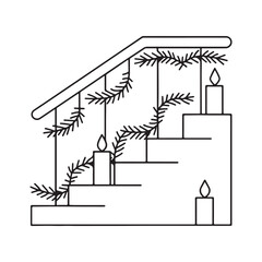 Christmas Staircase Decorated with Pine Garland and Candles in Outline Style Keywords: Christmas, holiday, decoration, staircase, stairs, pine, garland, fir, branches, candles, festive, interior