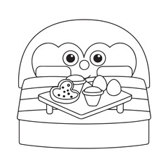 Black and white illustration of a cute character with a breakfast tray of food vector