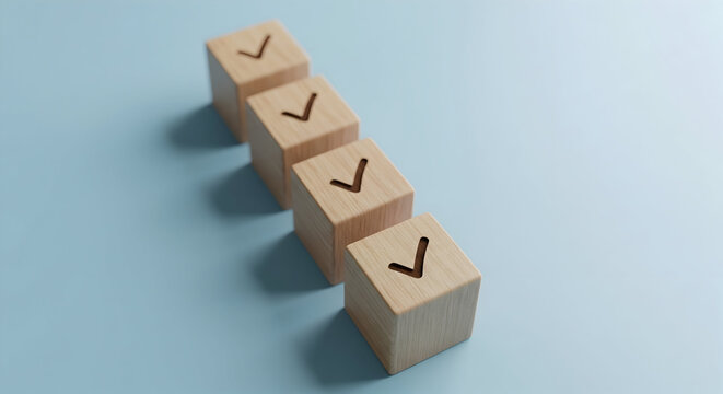 Wooden blocks with checkmarks in a row signify completion, success, and task management.