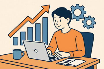 Business Growth Illustration: A focused individual at a desk, meticulously analyzing financial data and charts on a computer, as a growing upward arrow signifies progress and development.
