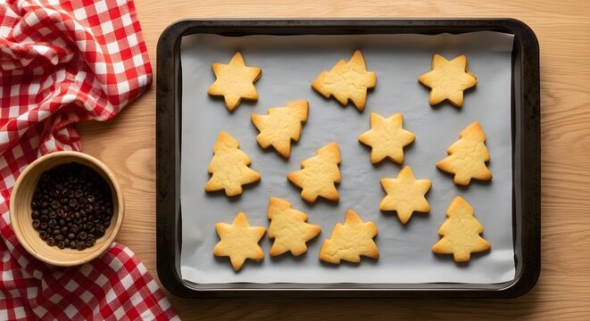 Top-down view of freshly baked Christmas cookies shaped like trees and stars on a baking sheet with parchment paper.