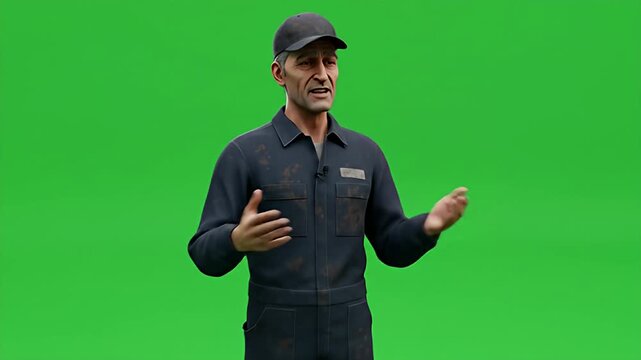 Person in overalls speaks with gestures against a bright green background