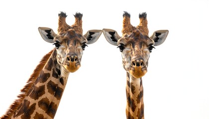 Naklejka premium Two Giraffes Facing Forward/White Background