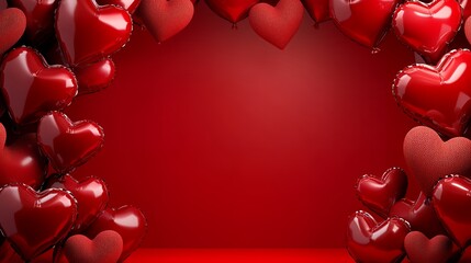 Red heart balloons frame on a red background with space for text