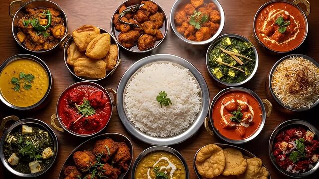 Overhead View of Assorted Indian Dishes with Rice on Wooden Table Featuring Paneer Tikka Masala and Saag Paneer with Warm Lighting