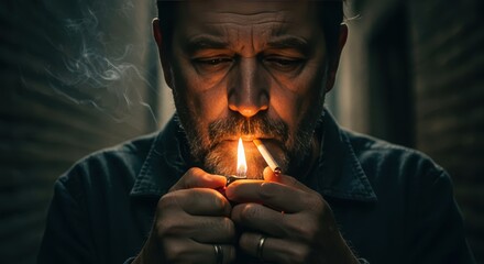 Close-up of a man lighting a cigarette in a dimly lit indoor setting, highlighting the smoke and the focused expression.