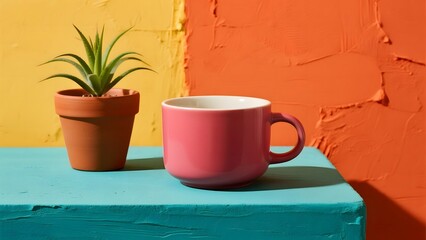A pink mug and a small potted succulent plant sit on a turquoise shelf against a vibrant yellow and orange textured wall, creating a cheerful and modern still life composition