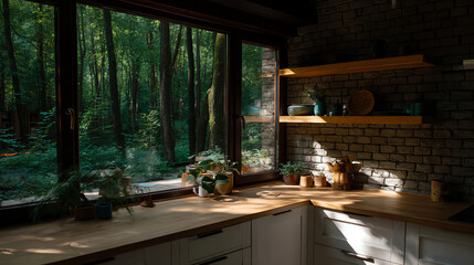 Cozy kitchen corner with wooden countertops, shelves, and potted plants, illuminated by natural light streaming through large windows overlooking a lush green forest