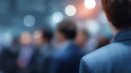 Blurred image of a business event with people in formal attire, focusing on the back of a person wearing a blue suit jacket in the foreground