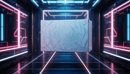 Floating Rectangular Box with Neon Lights in Futuristic Setting