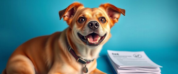 Happy dog beside pet insurance paperwork on a blue background,  adorable,  vet bill