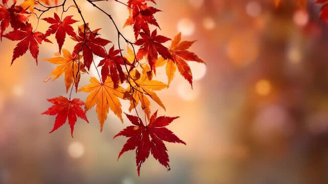 Beautiful Autumn Scene with Japanese Maple Leaves in Vibrant Colors and Bokeh Background