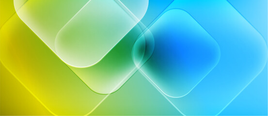 Abstract background features overlapping translucent squares. Colors transition from yellow, green, to blue. Soft gradients create luminous effect.