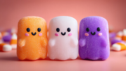 Cute pastel colored ghost wrapped candies with smiling faces stand together against soft pink background, surrounded by candy corn