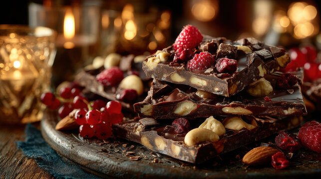 Rich dark chocolate bark topped with vibrant raspberries, nuts, and red currants, creating luxurious and indulgent treat