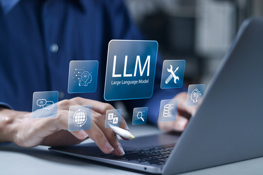 LLM, AI large language model concept. Big data, data transfer, generative ai, natural language generative and data mining. Businessman use laptop with virtual icon.