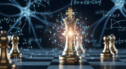Golden chess king with glowing network overlay and complex math equations in background symbolizes strategic thinking