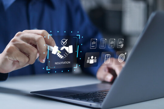 Negotiation concept. Agreement, cooperation, business partnership, communicate, tactic, contract, collaboration and goal. Businessman use laptop with virtual icon.