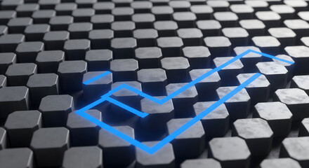Dynamic blue graph line charting upward trend over textured hexagonal grid, symbolizing growth and success