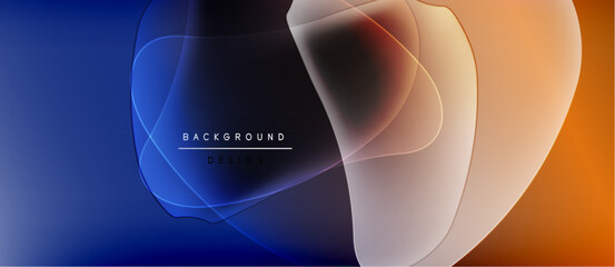 Abstract fluid shapes blend, creating dynamic gradient background. Blue transitions to orange, with layered translucent forms. Minimalist design.