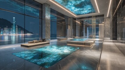 Fototapeta premium Modern Luxury Hotel Lobby At Night With City View