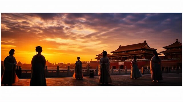 Silhouetted figures in traditional robes face a building at sunset in a historic-looking area