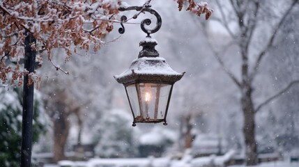 Vintage Lantern in a Snow-Covered Park Surrounded by Frosty Trees and Winter Scenery, Peaceful Outdoor Street Light Covered in White Snow Capturing the Calm Atmosphere of a Cold Winter Evening in Natu