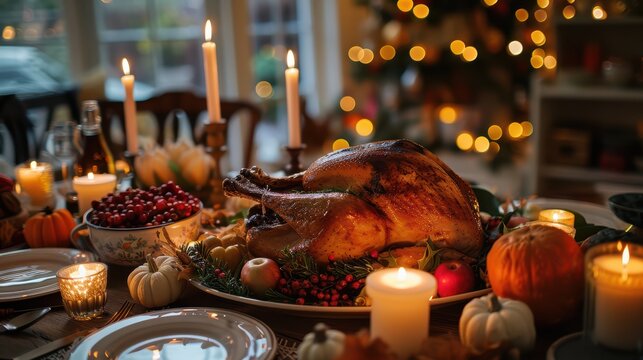 Thanksgiving Feast with Roasted Turkey and Festive Decorations