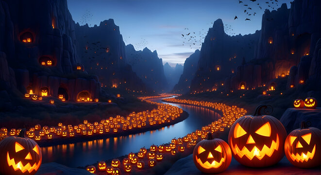 A river of jack o lanterns flowing through a valley at night with bats flying above spooky scene