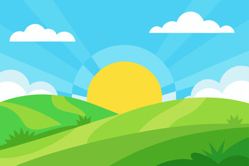Cartoon landscape with sun and green hills