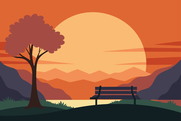 Sunset landscape with tree and park bench