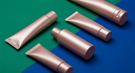 Cosmetic Products Displayed on Teal and Blue Background.