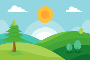 Obraz premium Landscape with sun trees and rolling hills