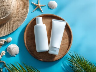 夏の海を連想させる帽子と貝殻と日焼け止めのフラットレイ