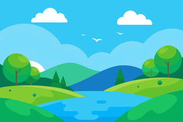 Obraz premium A cartoon landscape with a river and trees