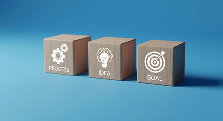 Strategic wooden blocks symbolize process idea and goal achievement for business success and planning