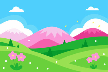 Obraz premium Cartoon landscape with pink mountains view